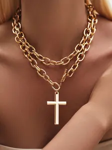 Unisex Street Style Cross Pendant Necklace, Fashion Jewelry for Party, Daily Clothing Decor, Trendy All-match & Exquisite Cuban Link Chain Jewelry for Birthday Gift, Cuban Chunky Chain