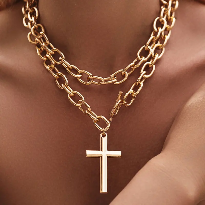 Unisex Street Style Cross Pendant Necklace, Cross Necklaces, Fashion Jewelry for Party, Daily Clothing Decor, Cuban Link Chain Jewelry for Birthday Gift, Streetwear Statement Jewelry
