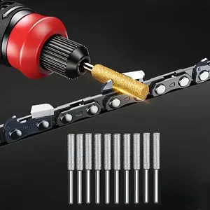 10-Piece Diamond Chainsaw Sharpener Set, Titanium Coated Corundum Grinding Bits, Rotary Tool Rough Stone File Suitable for Chainsaw, Emerald, Glass, Metal, Wood Sharpeners - Uncharged Power Mode