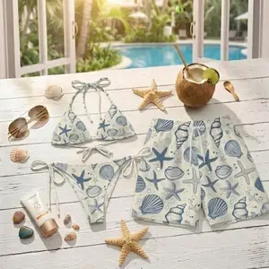 [Hot Summer 2026] - Couple Seashell Starfish Print Bikini Set and Hawaiian Shorts, Coastal Matching Summer Beach Outfit