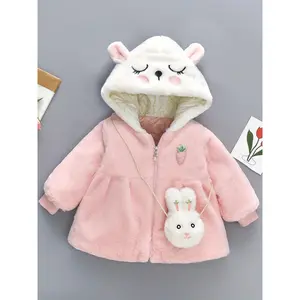 Cartoon Rabbit Girls' Autumn and Winter Warm Fleece Hooded Jacket with Long Sleeves Cute Outerwear Set Including Bag(Gift)11