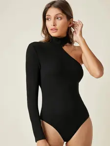 Women's Plain Long Sleeve Asymmetrical Neck Bodysuit, Casual Solid Cut Out Bodysuit for Spring & Fall, Ladies Clothes for Daily Wear, Stretchy Bodysuits