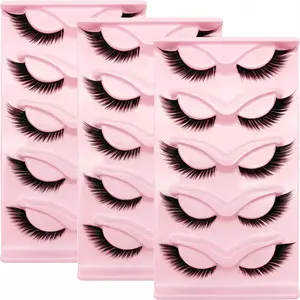 False Eyelashes, 3 Packs of 15 Pairs Long Cat Eye Wispy Elongated Thick Dramatic Reusable Strip Lashes for Sultry Glamorous Eye Makeup, Clear Lightweight Cosmetic, Mother's Day Gift