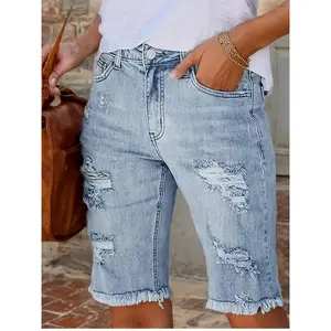 Women's Mid-Rise Distressed Denim Shorts - Straight Leg Streetwear Jeans with Frayed Hem, Machine Washable Non-Stretch Fabric for Spring/Summer Casual Wear, Trendy Casual Clothing |   Frayed Hem Shorts |   Nonstretch Denim, Jean Shorts