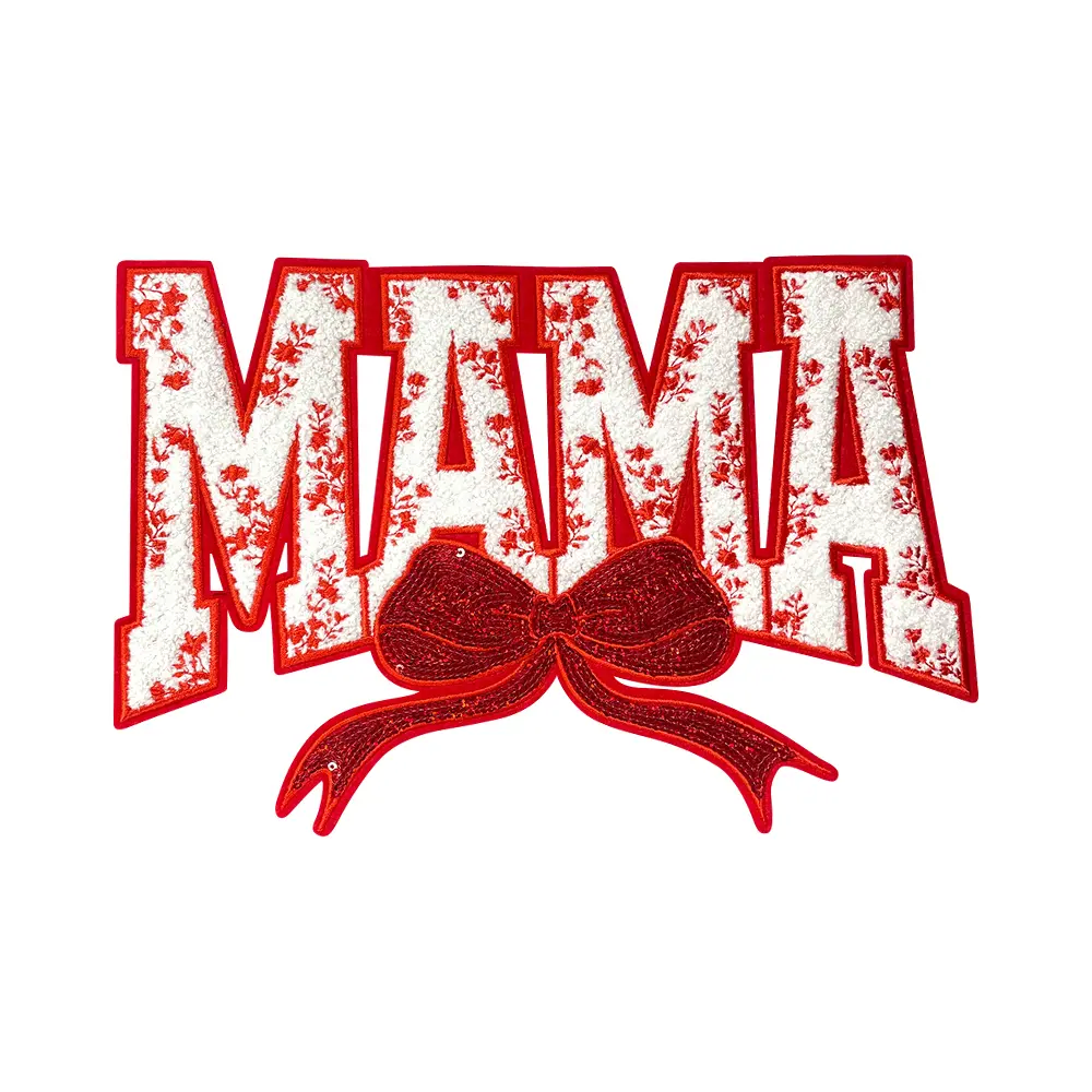 Iron On Patches Chenille MAMA Bow Embroidered Sequin Applique Glitter Edge Diy Cute Accessories for Clothing Backpacks Jackets Decoration,Red