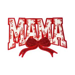 Iron On Patches Chenille MAMA Bow Embroidered Sequin Applique Glitter Edge Diy Cute Accessories for Clothing Backpacks Jackets Decoration,Red