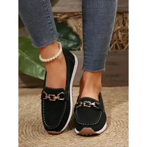 Women's Fashionable Chain Decorated Slip on Round Toe Loafers, Casual Comfortable Flat Shoes for Daily Wear, Lightweight Breathable Shoes for All Seasons