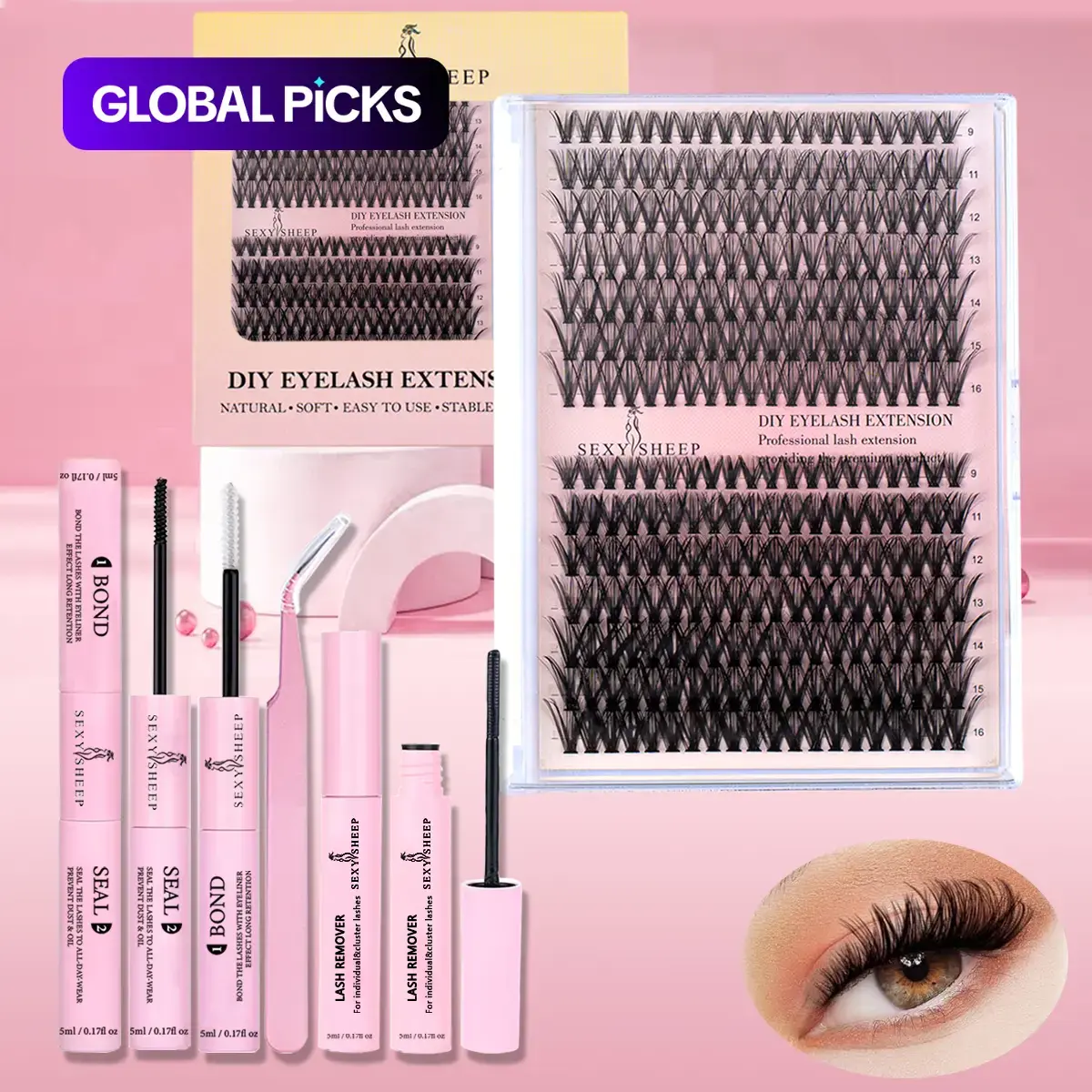 Eyelash Extension Kit, Includes Lash Tools, 280 DIY Individual Lash Clusters with Lash Bond Glue, Tweezers and Remover, DIY Lash Tools, Eye Makeup Tool Set, Individual Lash Extensions for Women #GLOBAL PICKS