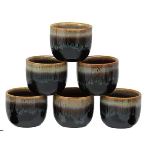 Glazed Ceramic Brown And White Japanese Wine Ochoko Sake Cup Pack of 6 Cups
