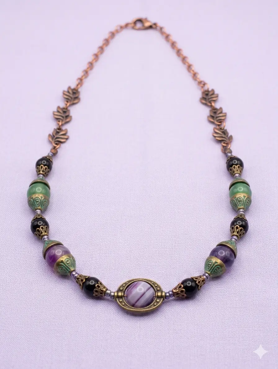 Goth Victorian Beaded Necklace - Antique Copper, 21in OOAK Unique Piece, Handmade Beads Style, Folklore-Inspired Design, Green & Purple Gemstones, Brass Chain Jewelry Necklaces, Collectibles, Beads Mix Necklaces