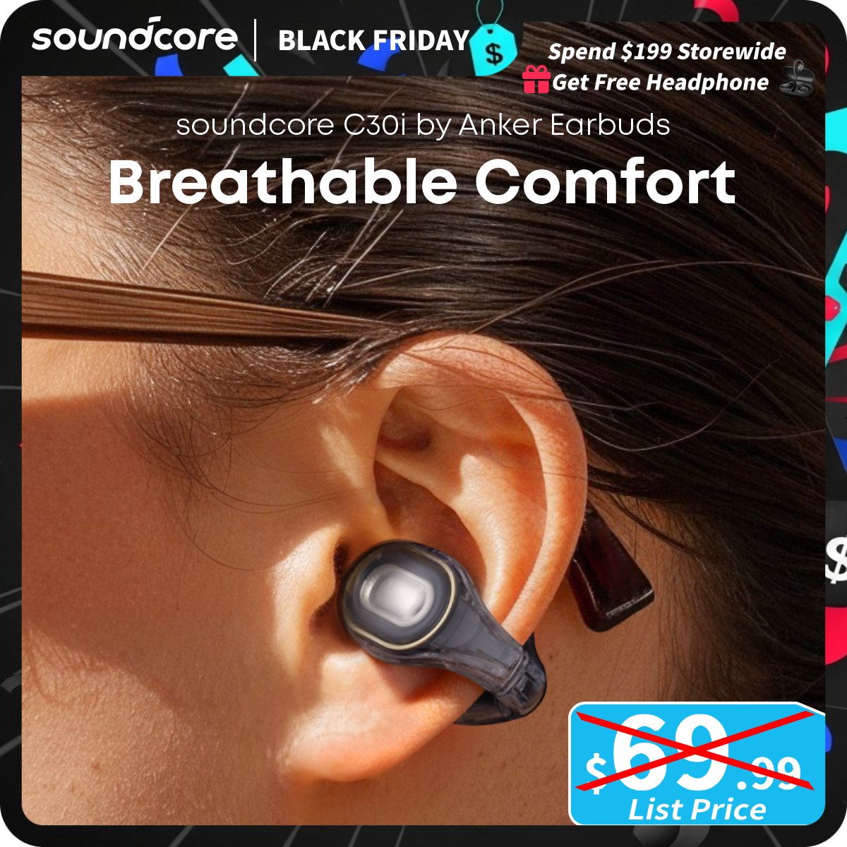 [TikTokShopBlackFriday] soundcore C30i by Anker, Open-Ear Earbuds, Clip-On Headphones, Lightweight Comfort, Small-Ear Friendly, Stable Fit, Firm-Shell