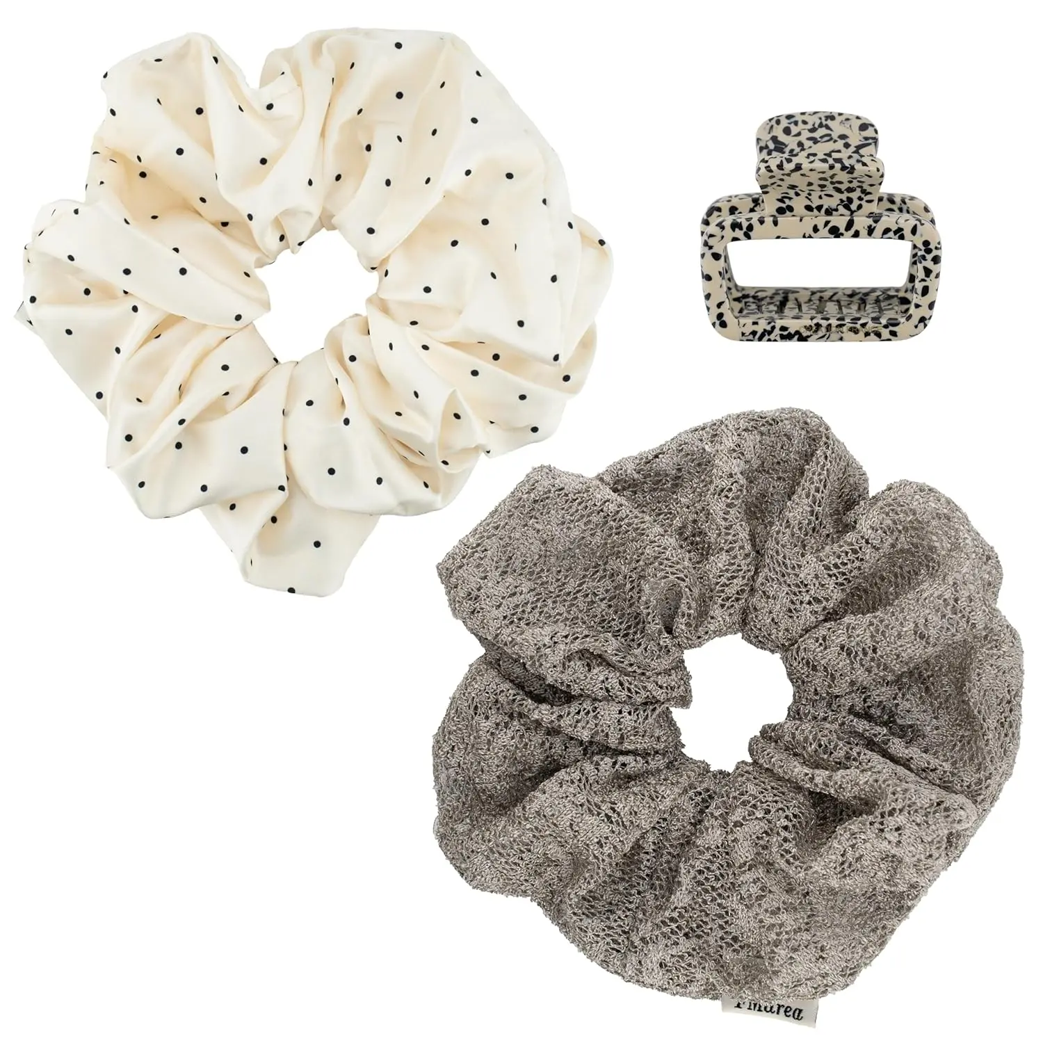 Hair Set: Brown + White Polka Dot Large Scrunchies, Leopard Print Acetate Claw Clip