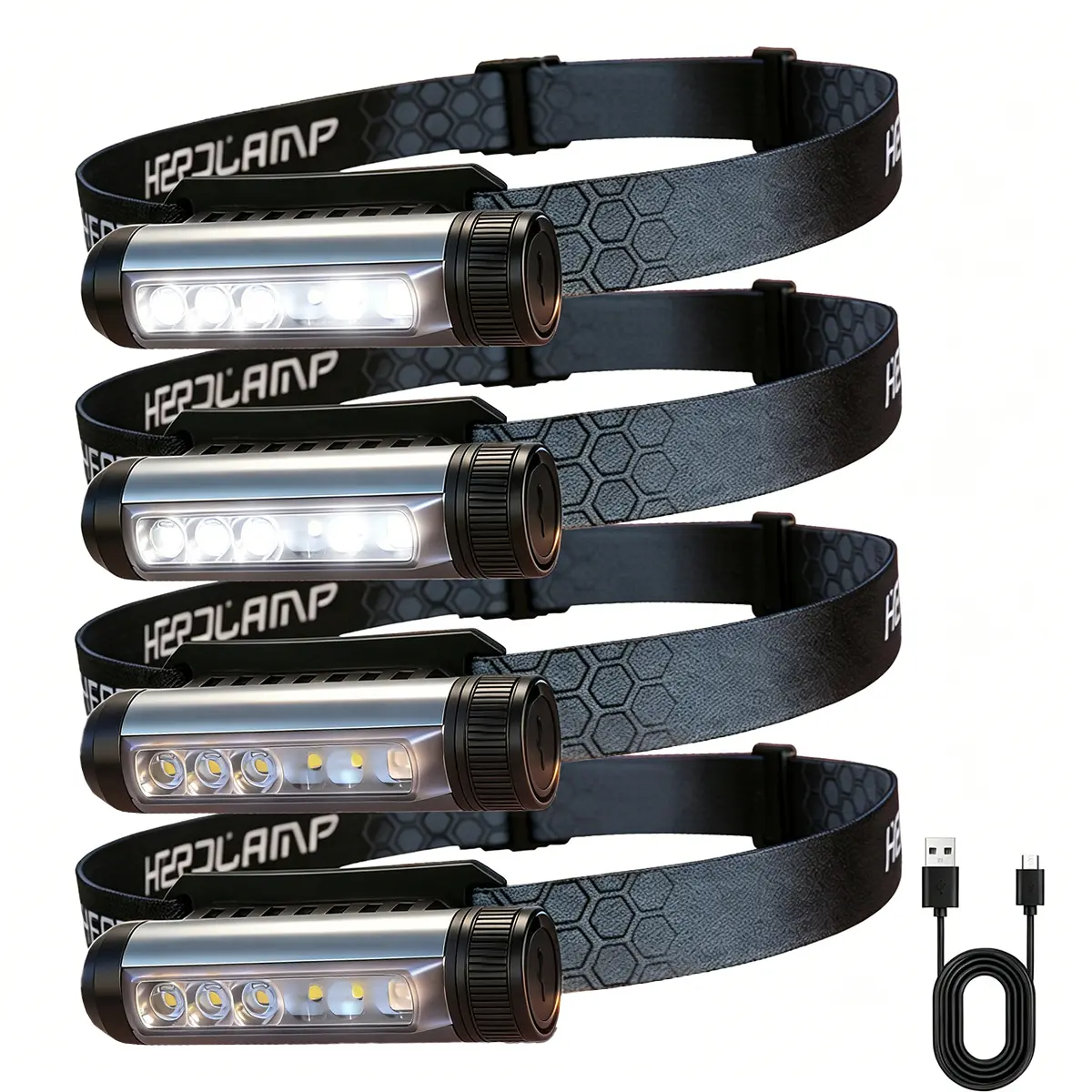 Unisex Adults 4-Pack Rechargeable Magnetic Headlamp Flashlight - High Lumen LED, 8 Modes, IPX7 Waterproof, Lightweight, USB Charging, Magnetic Base for Camping, Hard Hat Outdoor Tasks, Taillights, Led Rechargeable Flashlights, High Lumen Brightness