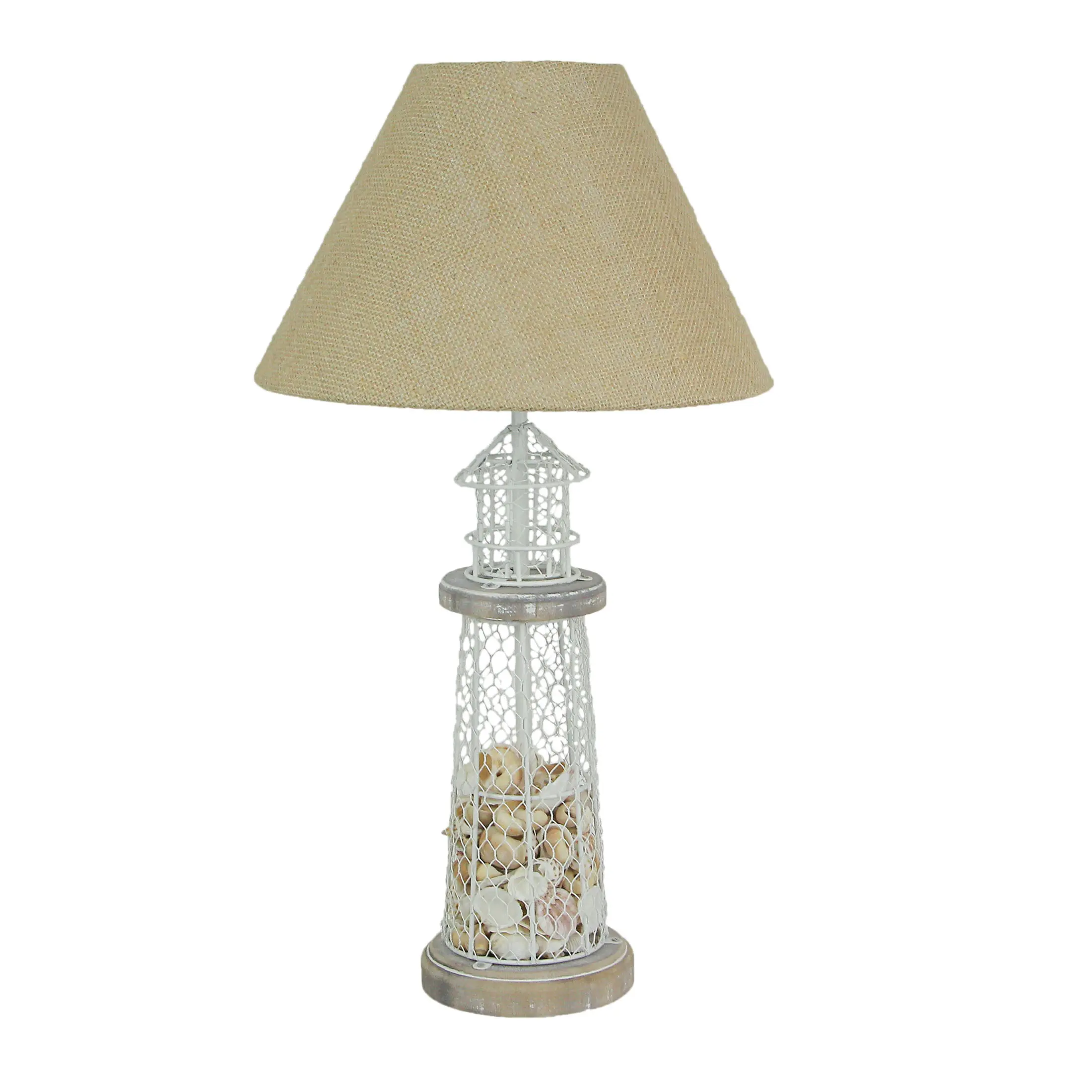 White and Grey Metal Lighthouse Table Lamp w/ Seashell Fill & Burlap Shade - 21.5in Coastal Decor