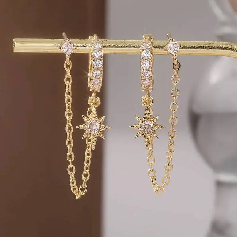 Chain Earrings for Women Double Piercing Dangle Chain Hoop Earrings Cubic Zirconia Stud Earrings for Women
