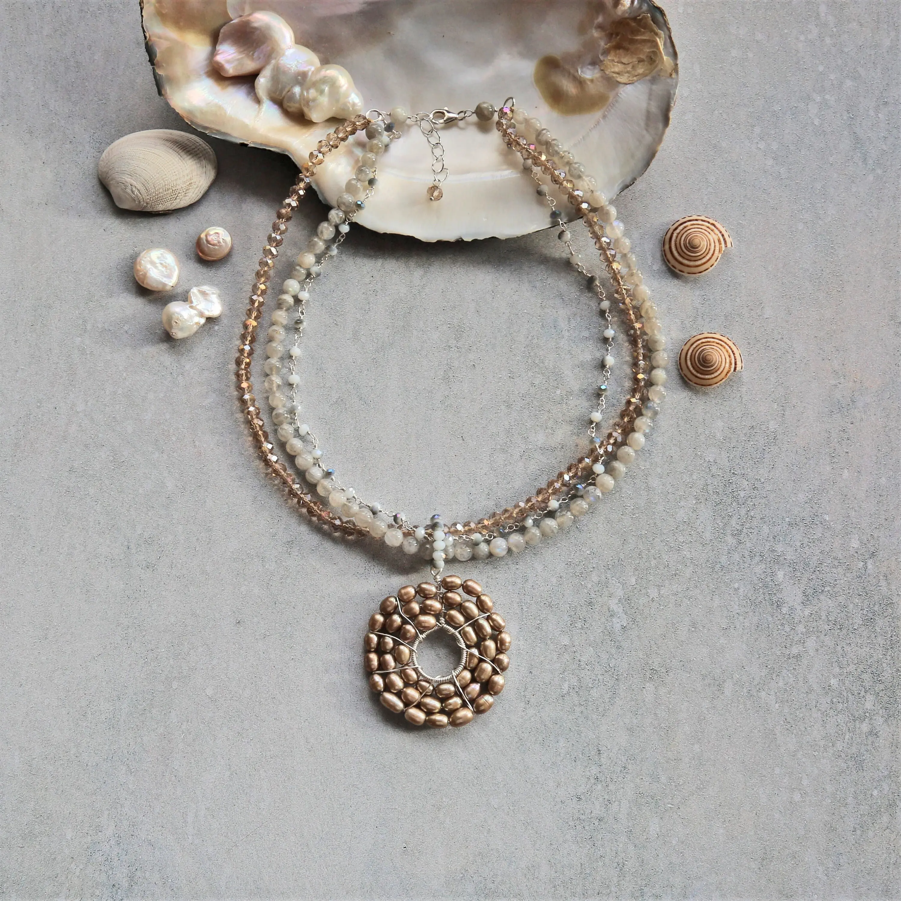 Hand Beaded Wire Wrapped Genuine Pearl Donut Shaped Pendant Necklace. Labradorite and Crystal Necklace. Multi Stone Statement Necklace.