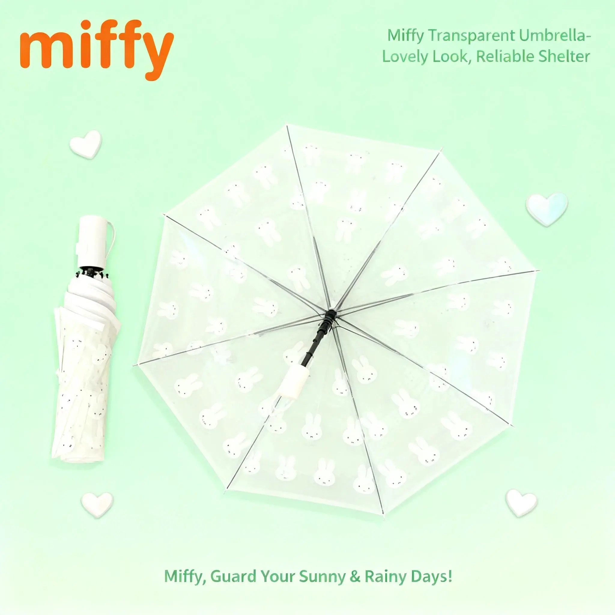 Miffy Kawaii Cute Cartoon Rabbit Printing Fully Automatic Umbrella Transparent Parasol Portable Foldable Ins Style Gift Girl