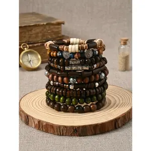10Pcs Natural Wood Beaded Bracelet Set for Men Women - Multi-Layer Stackable Bohemian Wristband, Handmade Elastic Beads Chain, Summer Beach Vacation Jewelry Gifts