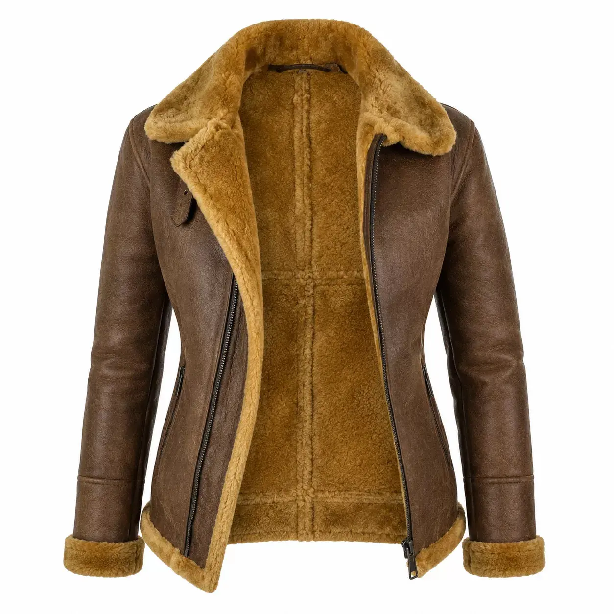 Women’s Brown Shearling Leather Aviator Jacket | Warm Winter Zip Jacket