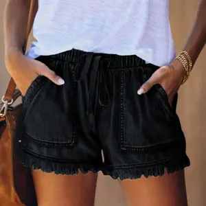 VVZ 2026 Women's Elastic Waist Denim Shorts, High Waist Frayed Hem Casual Shorts, Loose Fit Summer Jean Shorts