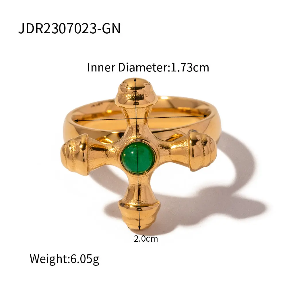 Gold-plated Titanium Steel Ring with Stone Cross for Women