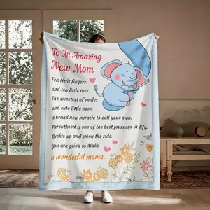 New Mom Elephant Love Flannel Throw Blanket, Soft Warm Inspirational Gift, Lightweight Breathable Nap Blanket for New Mama, Baby Shower First Mother's Day Gift