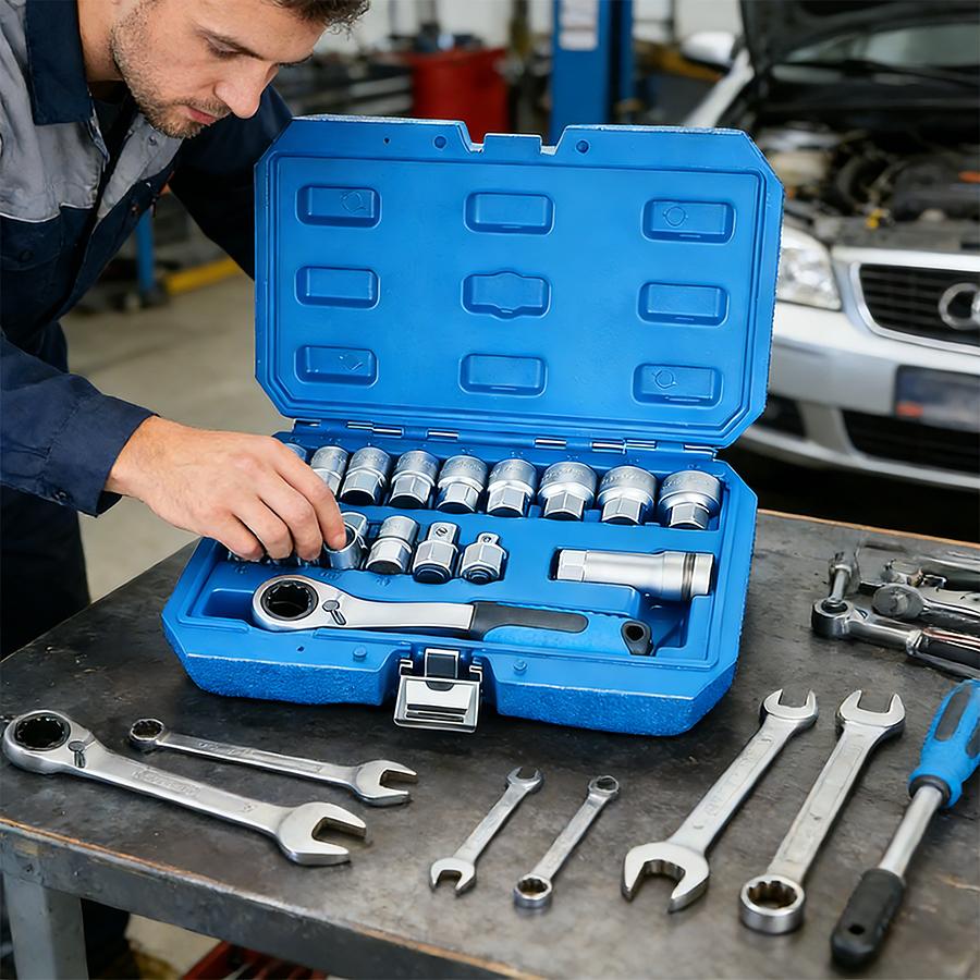 17-Piece Pass-Through Socket Set, 10-24mm Metric, with 3/8" & 1/2" Square Drive Adapters, Low Profile Hollow Ratchet for Long Studs, CR-V Steel Automotive & Mechanical Repair Kit with Case 17-Piece Pass-Through Socket Set, 10-24mm Metric, with 3/8" & 1/2" Square Drive Adapters, Low Profile Hollow Ratchet for Long Studs, CR-V Steel Automotive & Mechanical Repair Kit with Case