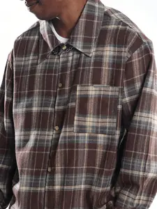 1pc Men's Vintage Plaid Flannel Shirt Oversized Long Sleeve Button Down Brown Checkered Top Streetwear Casual Blouse for Men