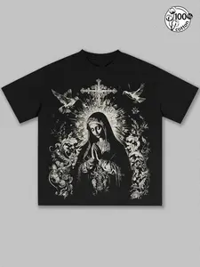 Unisex 100% Cotton Vintage Virgin Mary Religious Graphic Oversized T-Shirt | Y2K Gothic Dark Aesthetic High Street American Retro Streetwear Top
