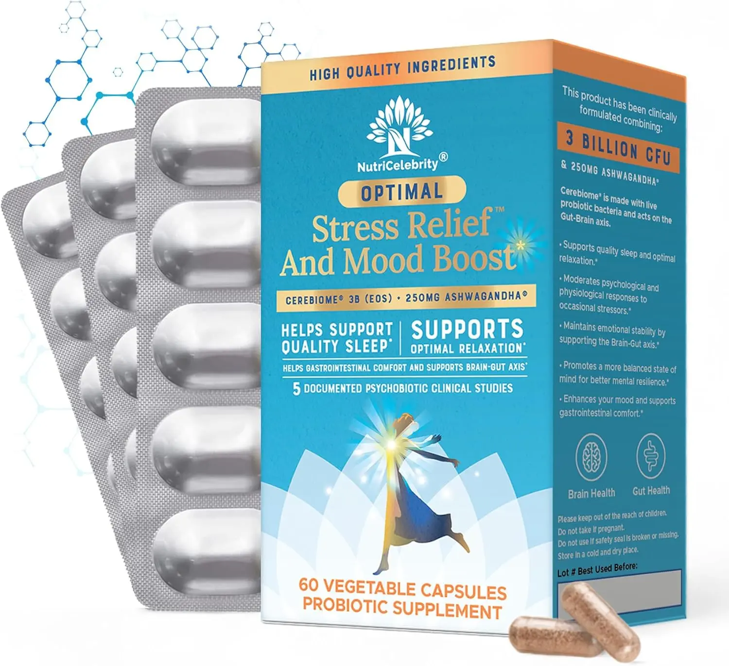 Nutricelebrity Optimal Stress Relief Supplement, Mood Support, Sleep Aid, Ashwagandha Organic, KSM-66, Brain Focus, Probiotics for Women, Gut Health, Vegan Non GMO 60 Days Supply