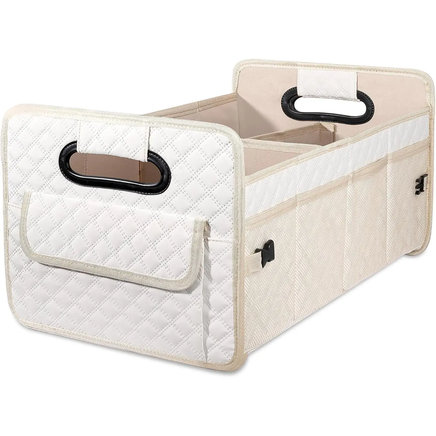 Foldable Collapsible Portable Universal Car Trunk Storage Box, Multi-Compartment Adjustable Unisex-Use Large Beige Organizer for SUVs, Automotive Interior Accessory