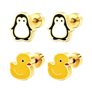 OIDEA Penguin Duck Rainbow Flat Back Stud Earrings, 316L Stainless Steel Animal Cartilage Jewelry for Girls and Women