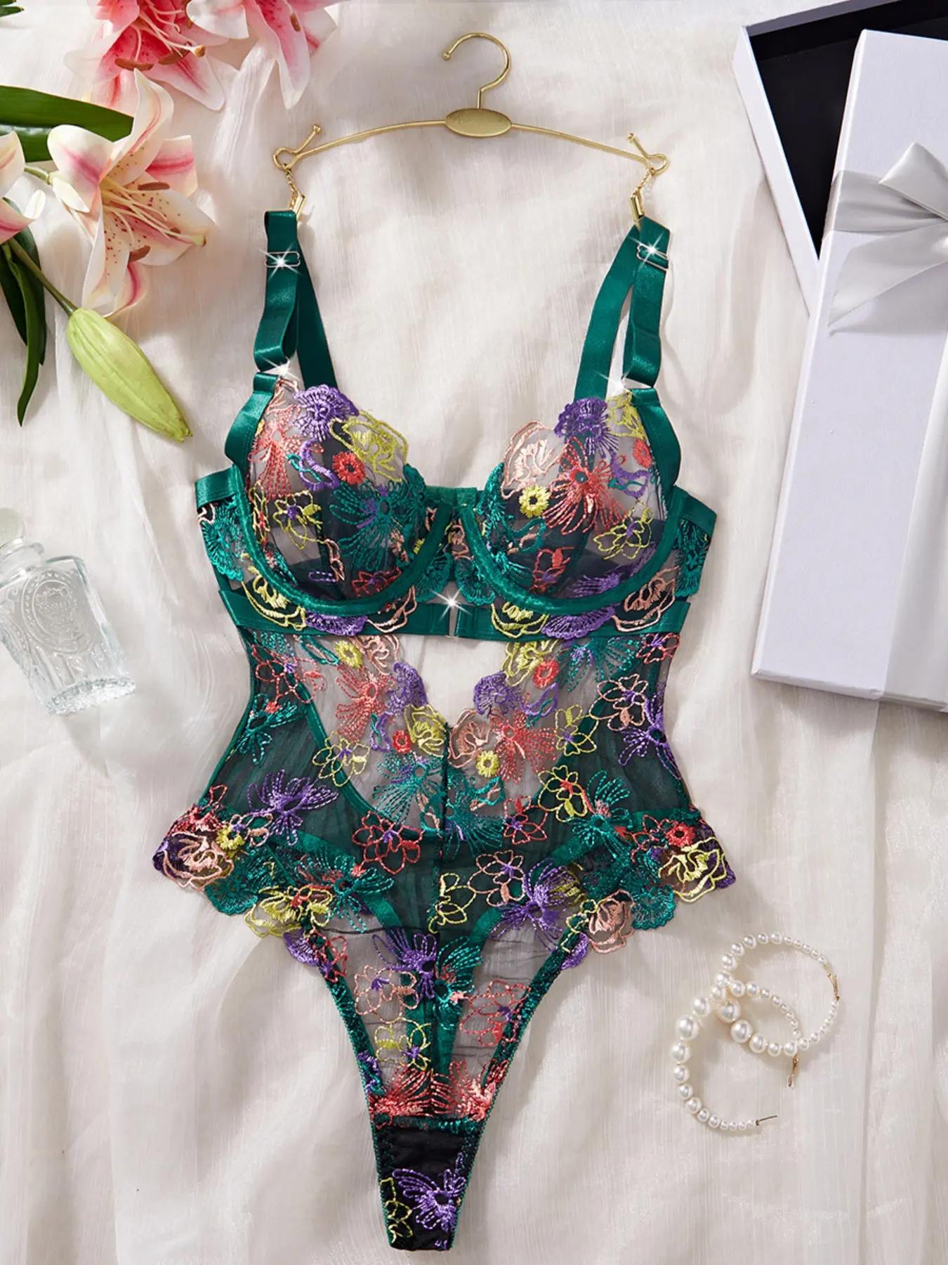Sexy Mesh Embroidered Bust Bodysuit, French Lace Steel Ring Push-Up Waist Cincher, Colorful Embroidery Sensual Bodycon Tight