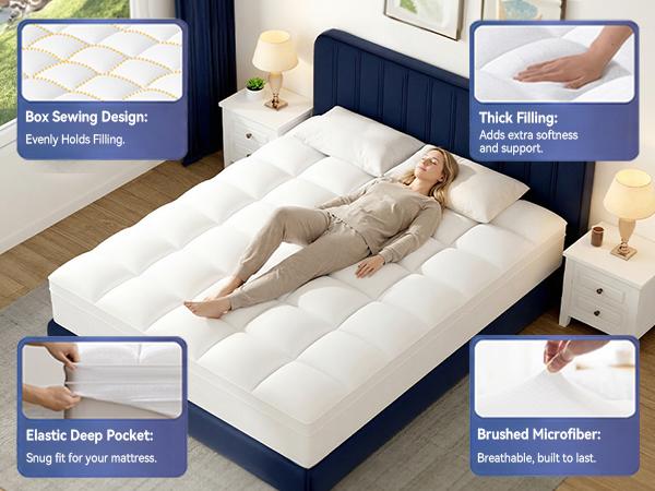 【TikTok Shop Mother's Day】ELEMUSE Extra Thick Mattress Topper for Back Pain, Plush Soft Pillowtop with Elastic Deep Pocket, cooling Down Alternative Filling, Soft Pillow Top for Better Sleep & Back Pain Relief