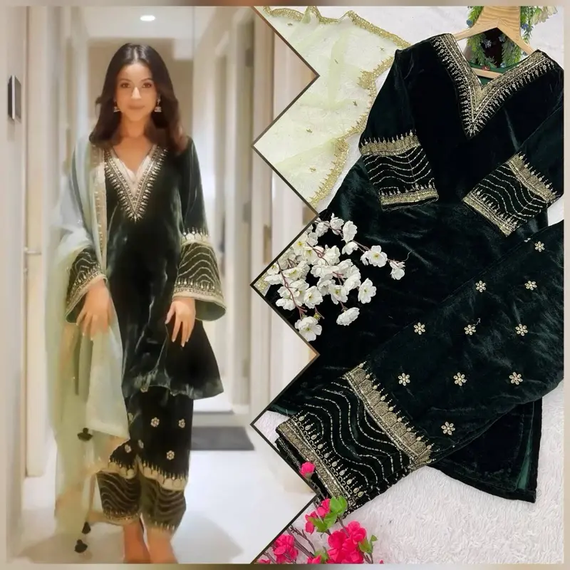 Women green velvet plazo suit wedding party wear Indian casual winter collection