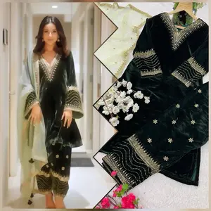 Women green velvet plazo suit wedding party wear Indian casual winter collection