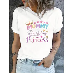 Birthday Princess Mom Graphic Tee - Celebrate Her Special Day! This Super Soft & Stretchy Short Sleeve Shirt features a Vibrant Crown & Hearts Print with a Comfy Round Neck. Machine Wash Easy Care. Perfect for Birthday Queen Vibes, Spring & Summer Parties
