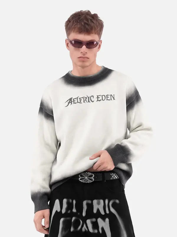 Aelfric Eden Gradient Graphic Knit Sweater Gothic Letter Print Crew Neck Oversized Fit Vintage Y2K Streetwear Casual Pullover Unisex