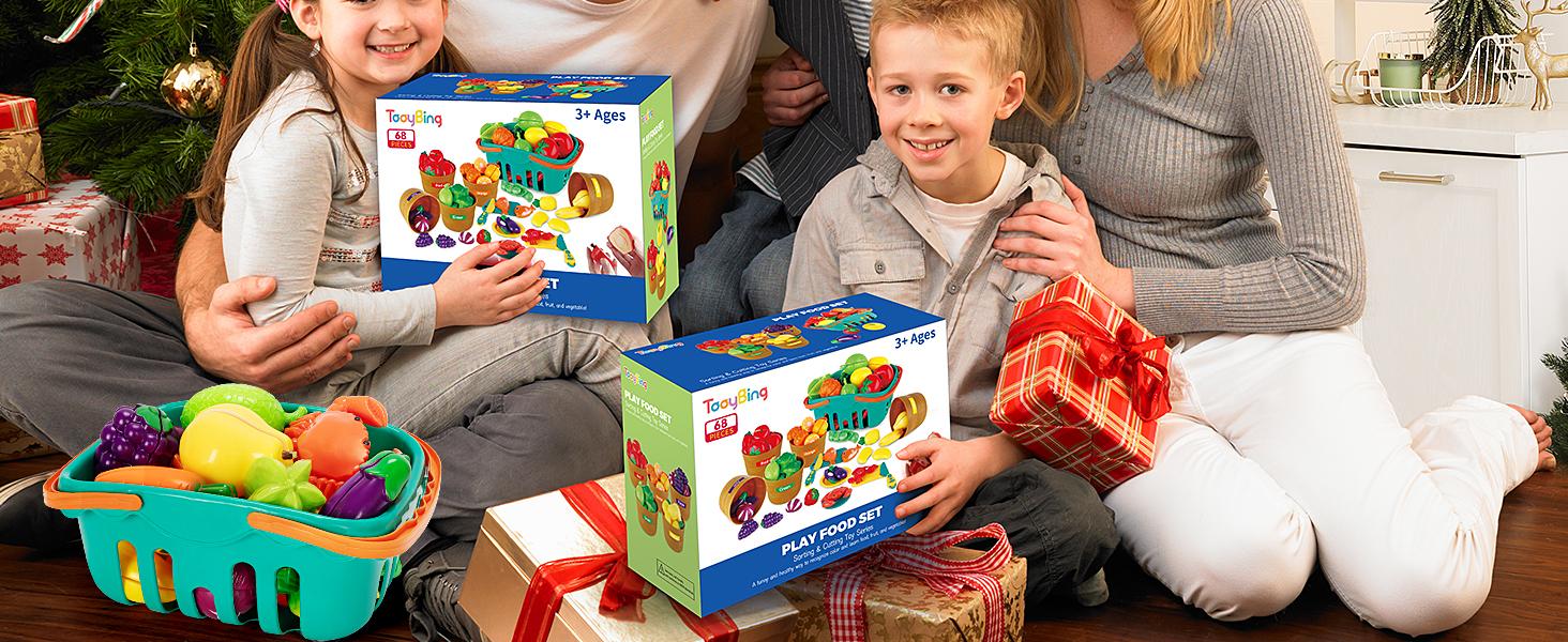 Play Food Set for Kids Kitchen- 68 Pcs Kitchen Food Toy for Toddlers, Cutting & Color Sorting Fake Food/ Fruit/ Vegetable Accessories, Birthday Gifts for 3 4 5 Years Old Boys Girls