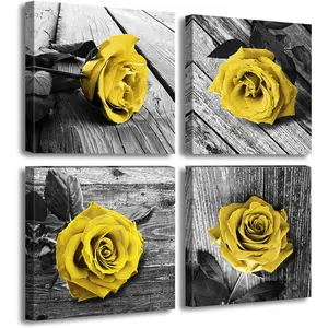 4 Pieces Yellow and Grey Rose Canvas Wall Art Prints Framed Floral Decor for Bedroom and Bathroom Love Aesthetics Decoration