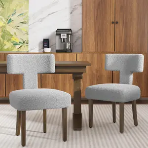 (Set Of 2) Dining Chairs Boucle Fabric Lamb Upholstered Wooden T-Shape Back Armless Accent Chair thick cushion chair set