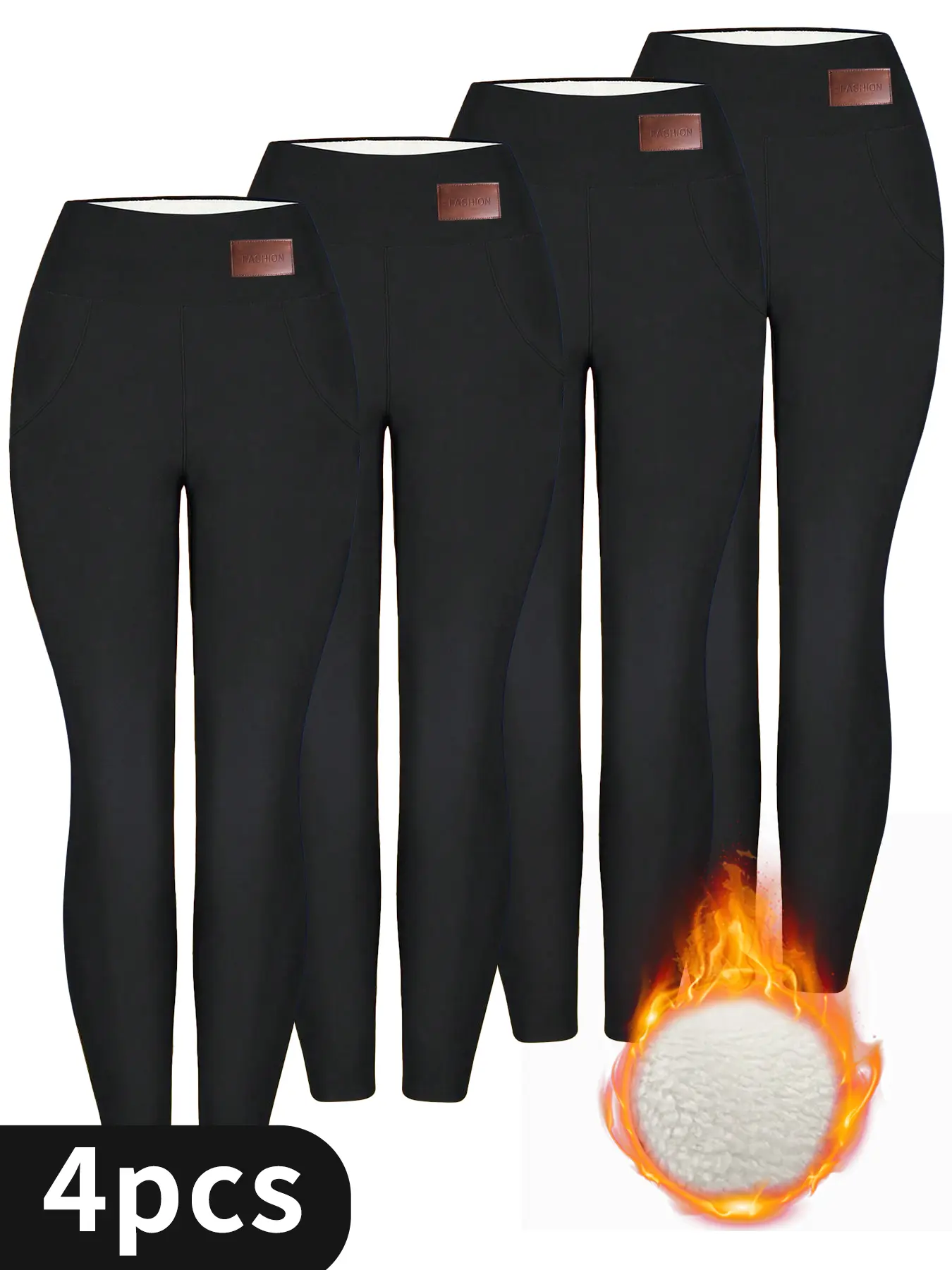 Women's 4-Pcs Fleece-Lined High-Waisted Elastic Waist Leggings - Winter Thick Warm Solid Color Over-the-Knee Thermal Basic Clothes, Fitted Elegant Leggings, Essential Womenswear Bottoms, Fitted Leggings