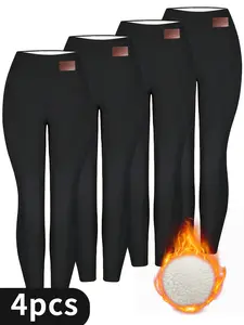 4 Pcs Women's Fleece-Lined Tights Winter Thickened Warmth High-Waisted Elastic Waistband Solid Color Over-the-Knee Leggings Thermal Womenswear Black Warmer Elegance Essential