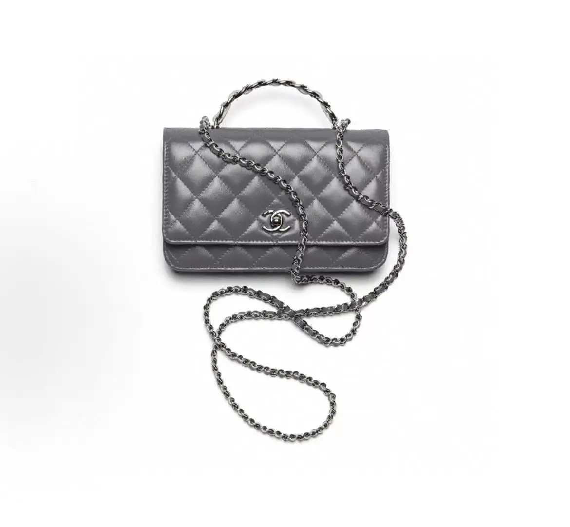 Pre-owned CHANEL 23A Grey Wallet On Chain Silver Hardware Leather Woven Crystal Handle Microchipped 2600929D