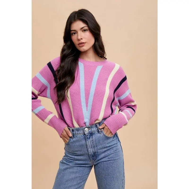 Chevron Stripe Round Neck Ribbed Sweater- Stylish Knitwear with Slightly Stretchy Material, 52% Viscose, 29% Polyester, 19% Nylon