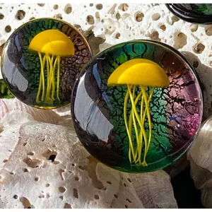 PAIR of Beautiful Floating Yellow  Jellyfish Pyrex Glass Double Flare Plugs -Gauges 0g (8mm) through 5/8" (16mm)