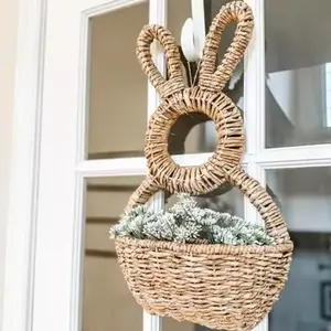 Easter Bunny Wooden Peephole Mirror, Hemp Rope Decoration, Layered Tray Fireplace Shelf Desktop Ornament, Home Decor Accessory