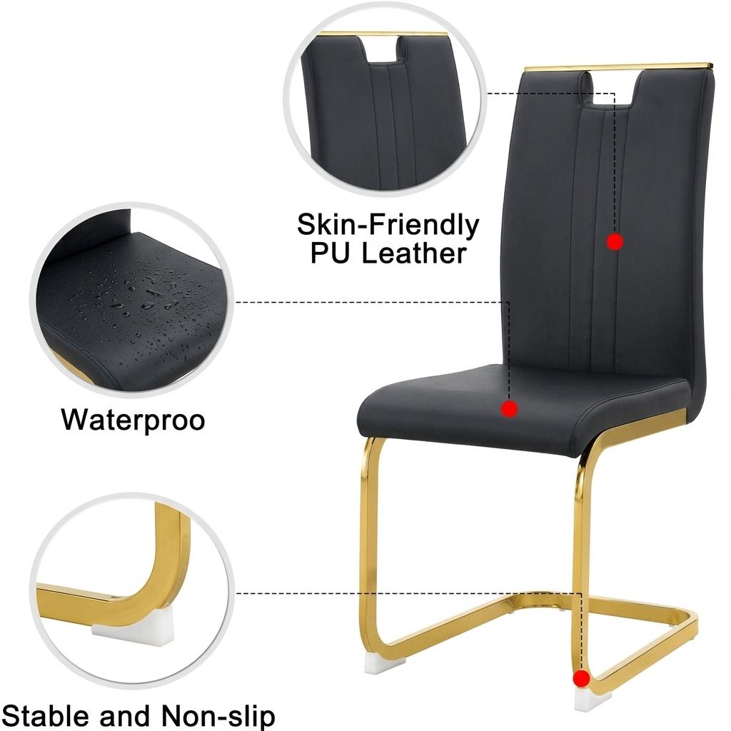 Modern Cantilever Dining Chairs Set of 2/4, Black Gold PU Leather Upholstered Side Chairs with Gold Metal Frame for Kitchen Living Room