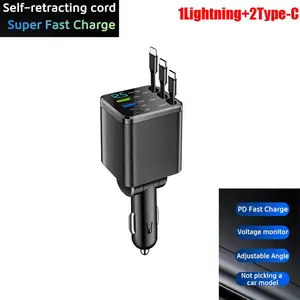 Retractable Car Charger 120W Fast Charging USB C PD Car Charger 7 in 1 Multi Port Adapter Built in Retractable Cable LED Voltage Display Adjustable Plug Universal for iPhone Samsung Android Travel Trip Accessories High Power Quick Charge Smart Protection