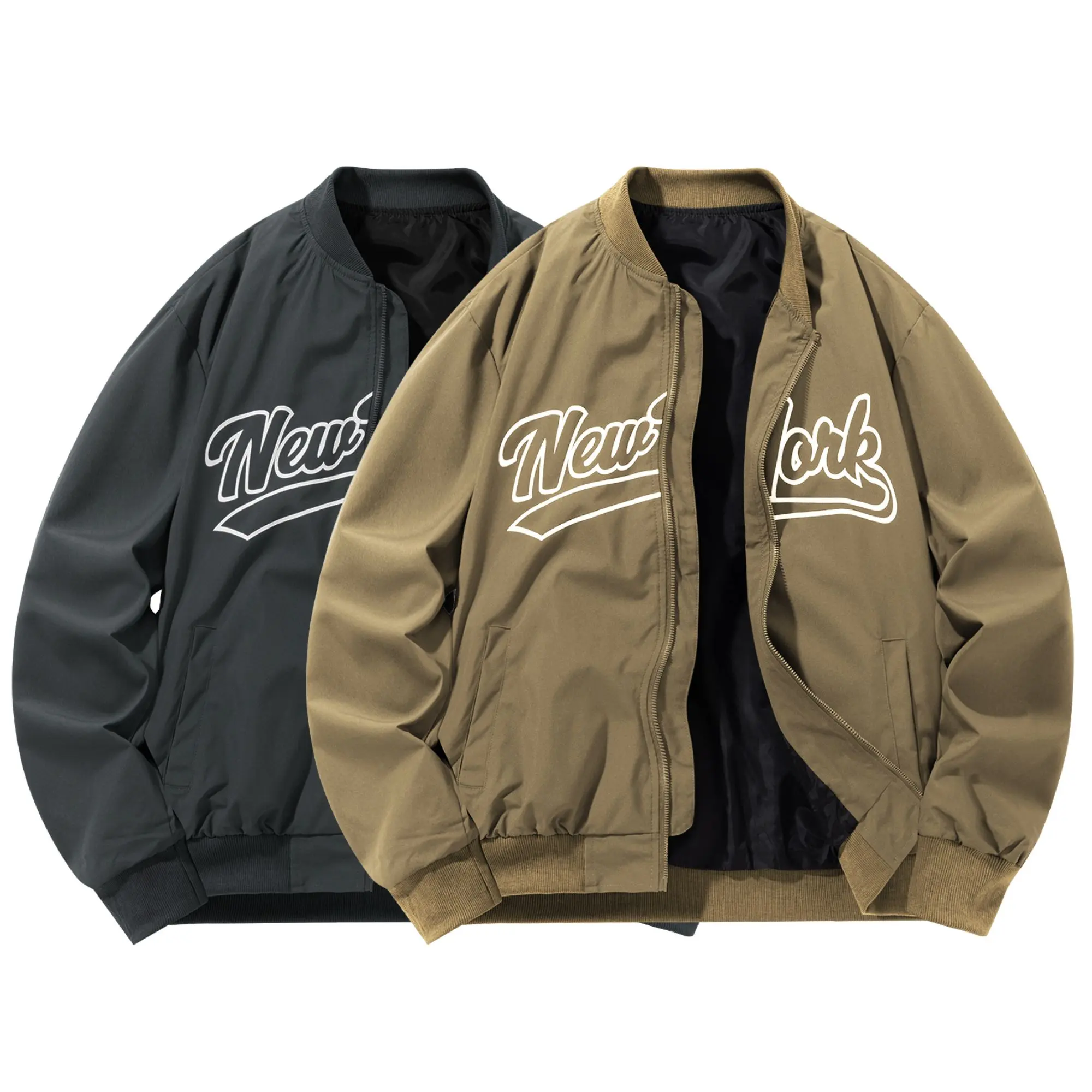 Men’s New York letter graphic baseball jacket with ribbed baseball collar and side pockets; loose, lightweight, available in two colors—outdoor casual flight jacket